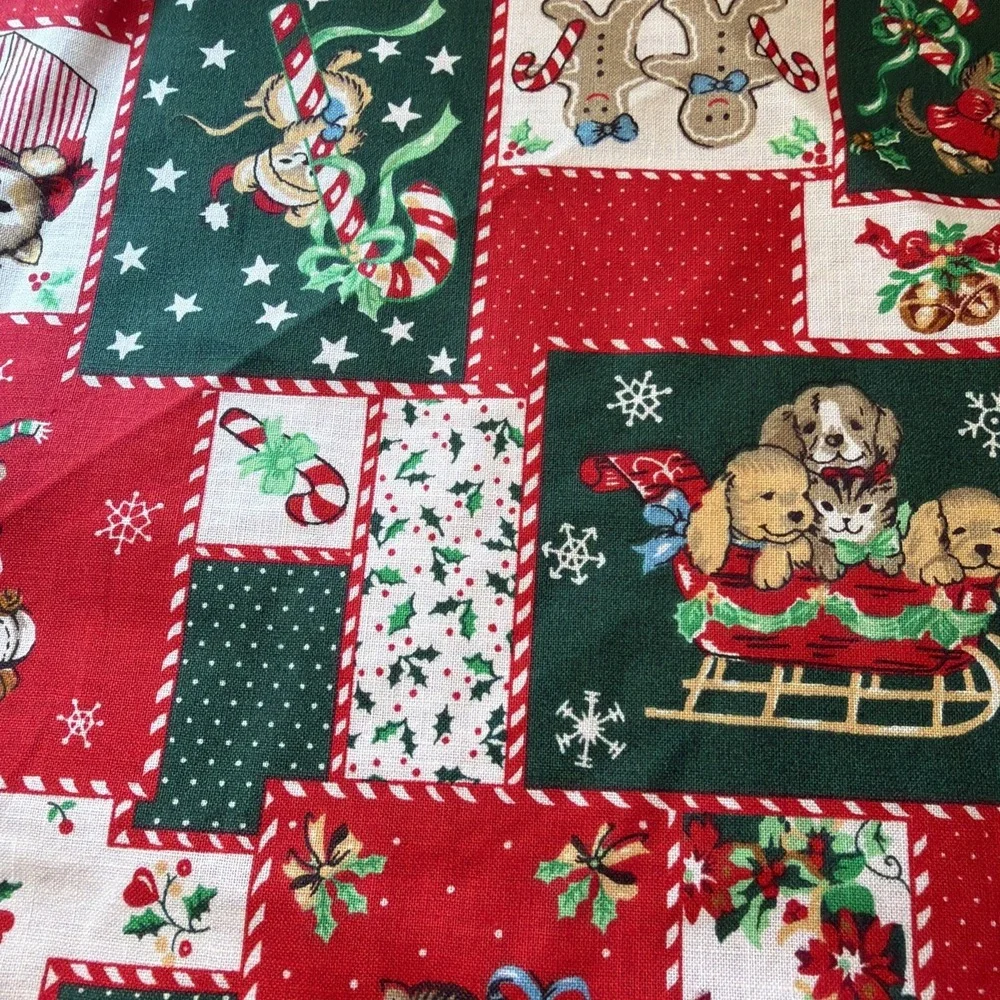 Vintage 4 Yds Wamsutta Hallmark Cards Christmas Patchwork Cotton Puppies, Kitty